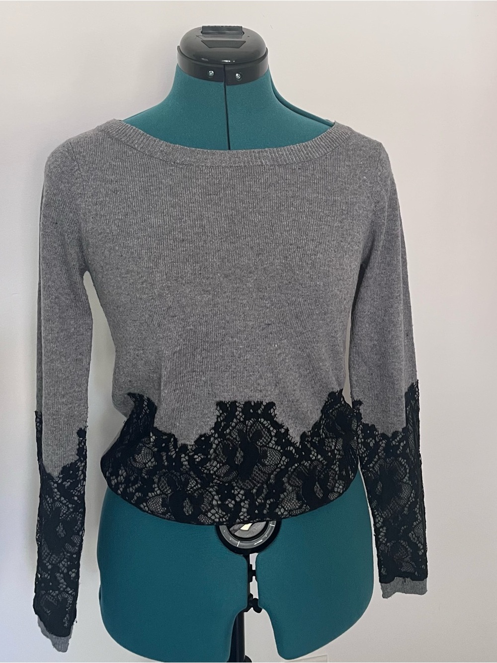 Naf Naf Paris Gray Boatneck Sweater with Black Lace Trim Size XS